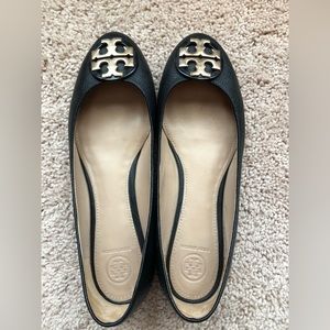 Tory Burch Black Leather Flats with Gold Medallion - Size 9